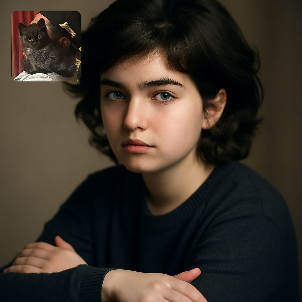 A cozy photo of a fluffy black kitten being held by a person wearing a black Lakers cap, with the kitten staring curiously at the camera while the person's face is partially hidden behind the pet.