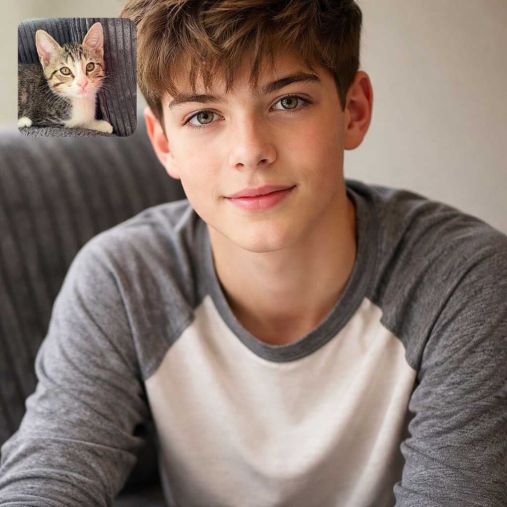 A charming tabby kitten with bright eyes and a pink nose lounges comfortably on a textured gray blanket and cushion, looking curiously at the camera with soft natural lighting highlighting its fur.