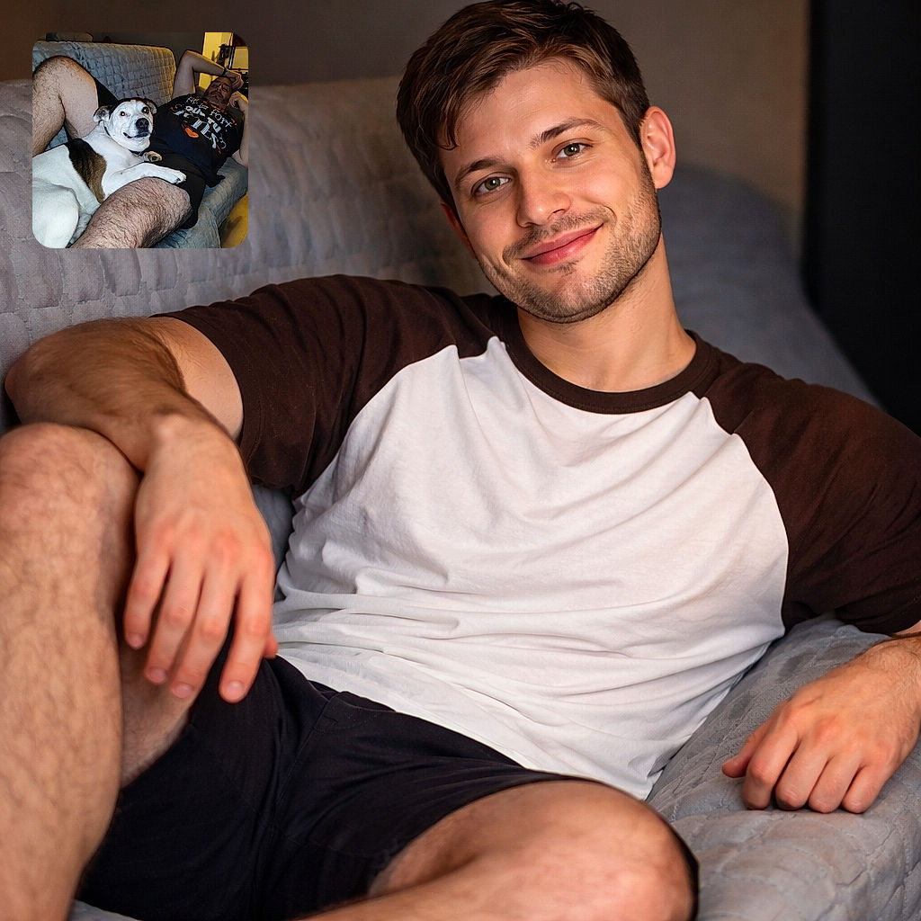 A contented dog sprawled across a man's lap like the boss of the sofa, giving a goofy grin to the camera while the owner lounges behind with a relaxed, phone-in-hand look. Flash highlights whiskers and a collar, the couch's quilted back provides a cozy backdrop, and the whole scene reads "prime weekend nap time".