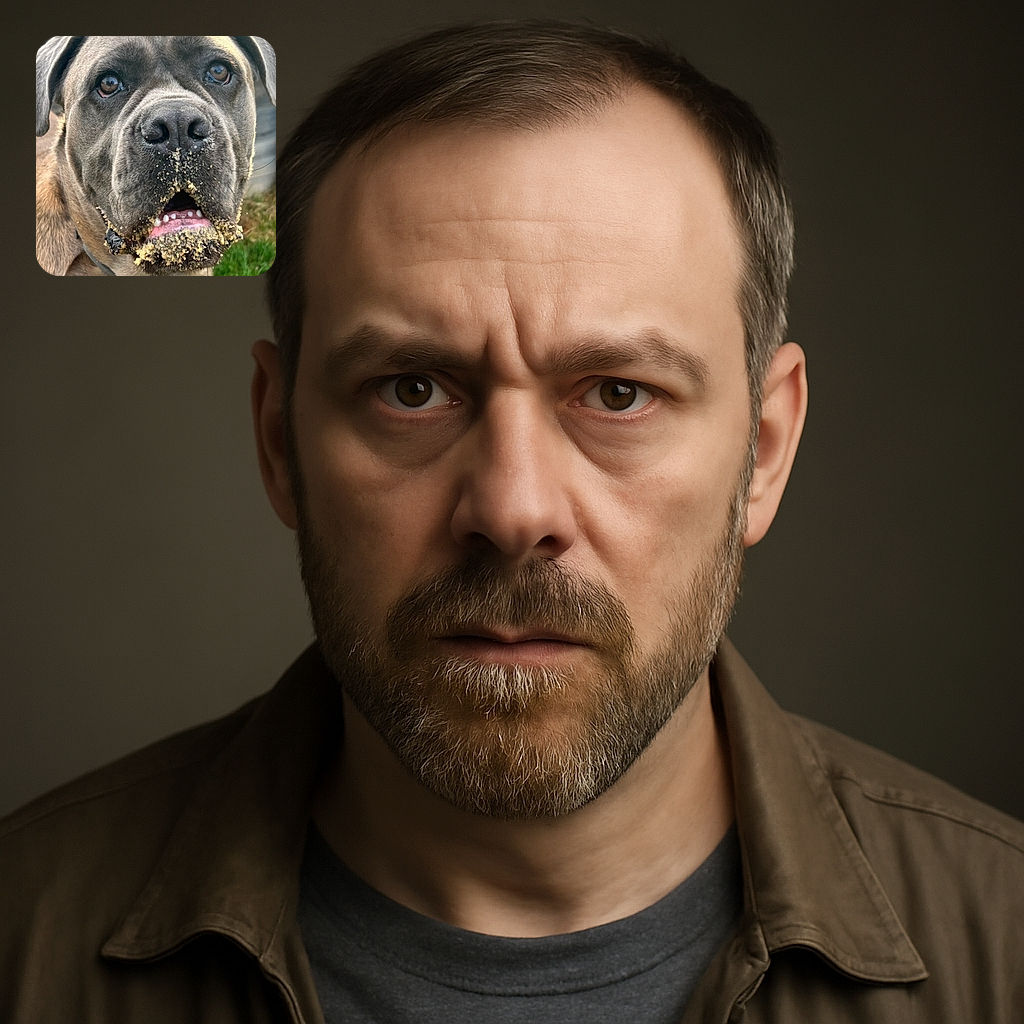 A close-up shot of a large dog with a sandy muzzle, looking curiously at the camera with soulful eyes and a slightly open mouth revealing small teeth, set against a blurred outdoor background.