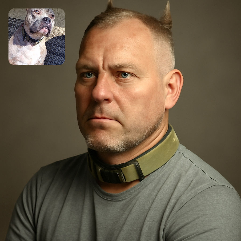 A close-up photo of a muscular dog with a focused expression, sitting on a woven outdoor chair with textured wall background, basking in warm sunlight that highlights its fur and eyes.