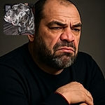 A close-up photo of a large black dog with a slightly goofy expression showing its teeth, sitting indoors on a wooden floor with furniture in the background.