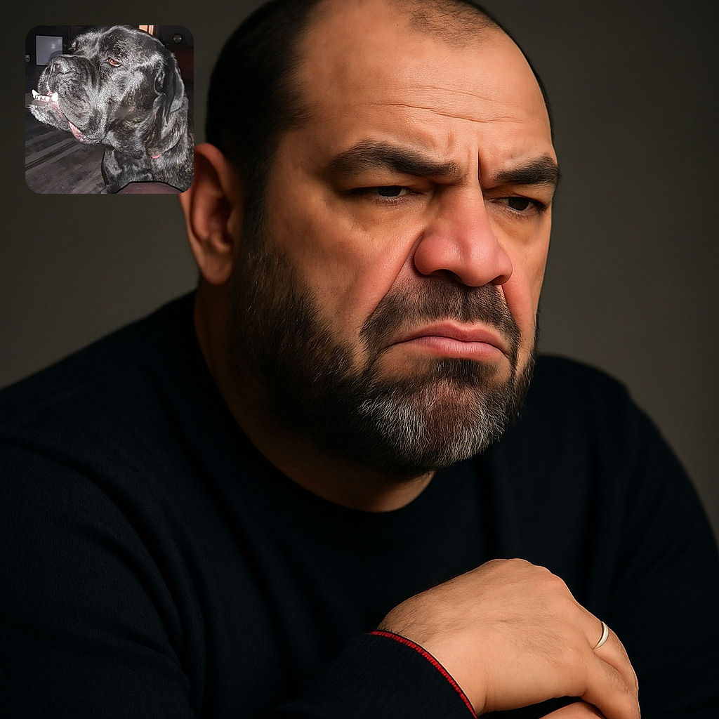 A close-up photo of a large black dog with a slightly goofy expression showing its teeth, sitting indoors on a wooden floor with furniture in the background.