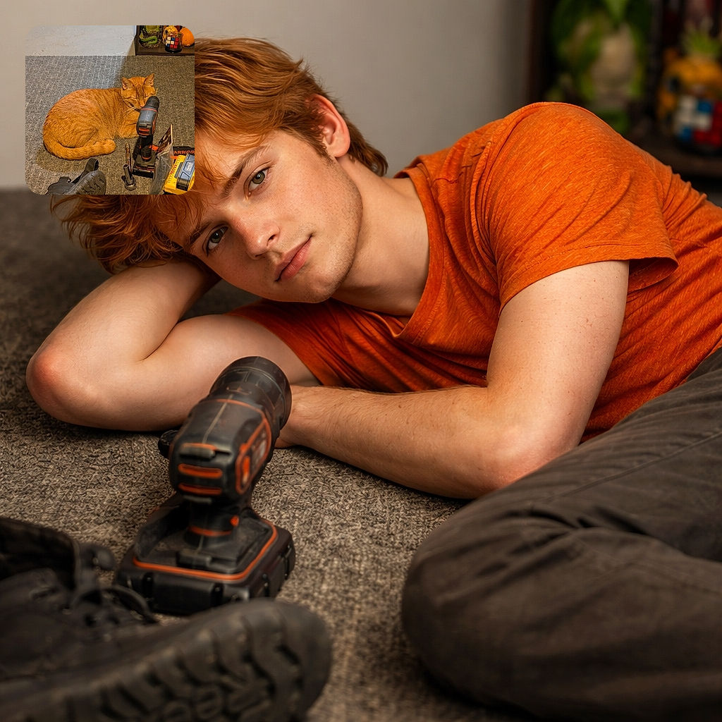 A cozy orange cat is napping peacefully on a gray carpet, nestled beside a cordless drill and some tools, while a boot lies nearby. The background shows a shelf with quirky items including a green dragon figurine, a pineapple, a Rubik's cube, and some books, adding a touch of whimsy to this handyman's resting feline moment.
