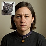 A close-up portrait of a grey cat with striking yellow eyes and a small golden bell on its collar, looking thoughtfully into the camera against a plain light background.