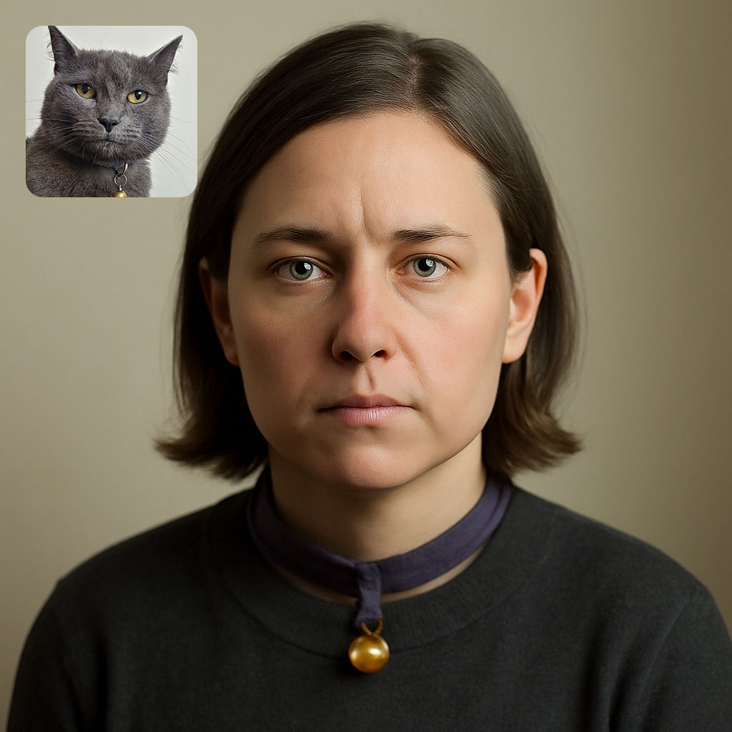 A close-up portrait of a grey cat with striking yellow eyes and a small golden bell on its collar, looking thoughtfully into the camera against a plain light background.