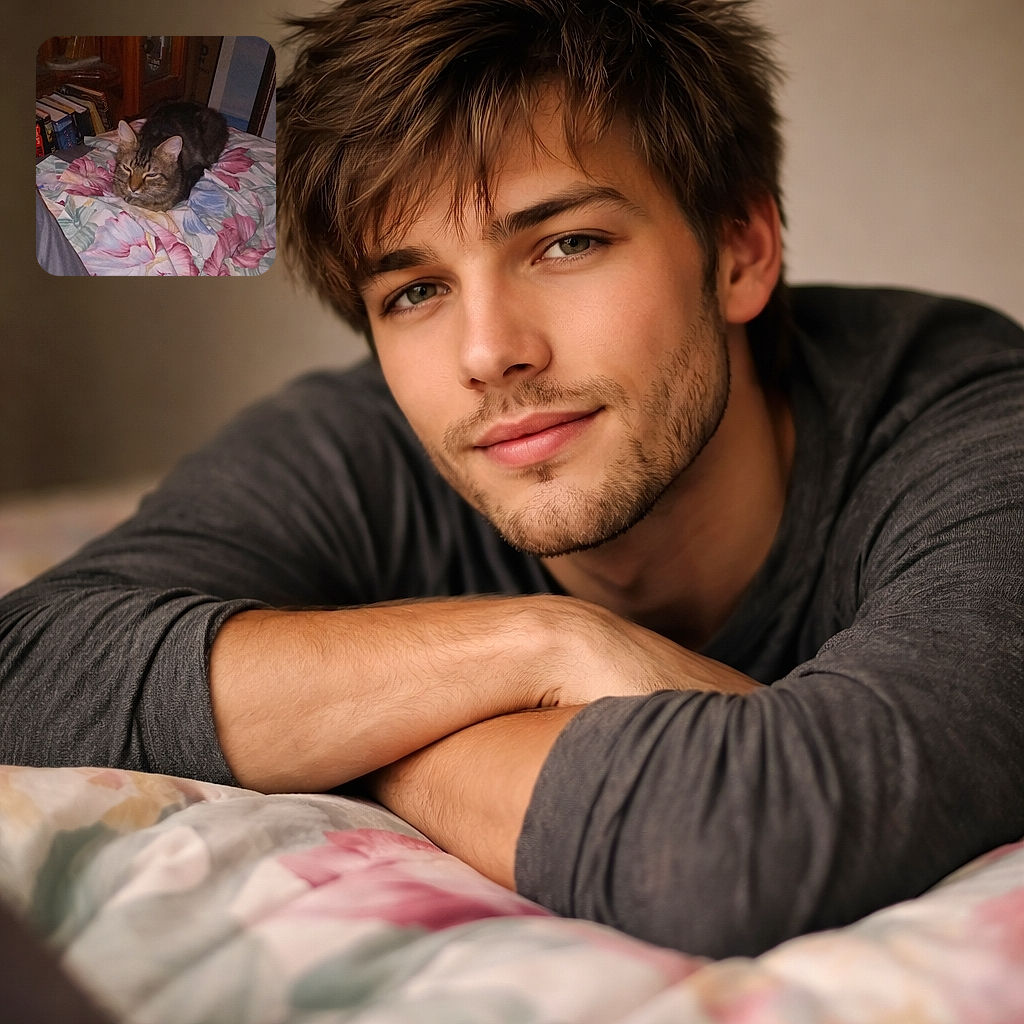 A sleepy tabby loaf perched like the ruler of the floral comforter, squinting at the camera with regal disinterest — clearly judging your life choices while refusing to move.