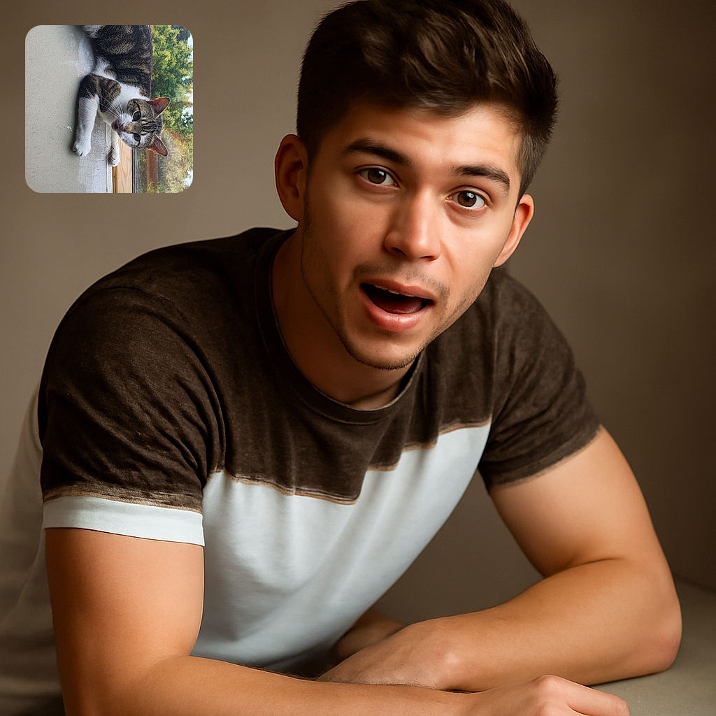 A curious tabby cat with white paws is lounging on a windowsill, gazing inquisitively at the camera with its mouth slightly open, framed by a rustic wooden window and a lush green garden outside.