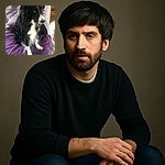 A fluffy black and white dog with expressive eyes sits attentively on a purple blanket draped over a couch covered in a light-colored fabric, with some household items barely visible in the background.