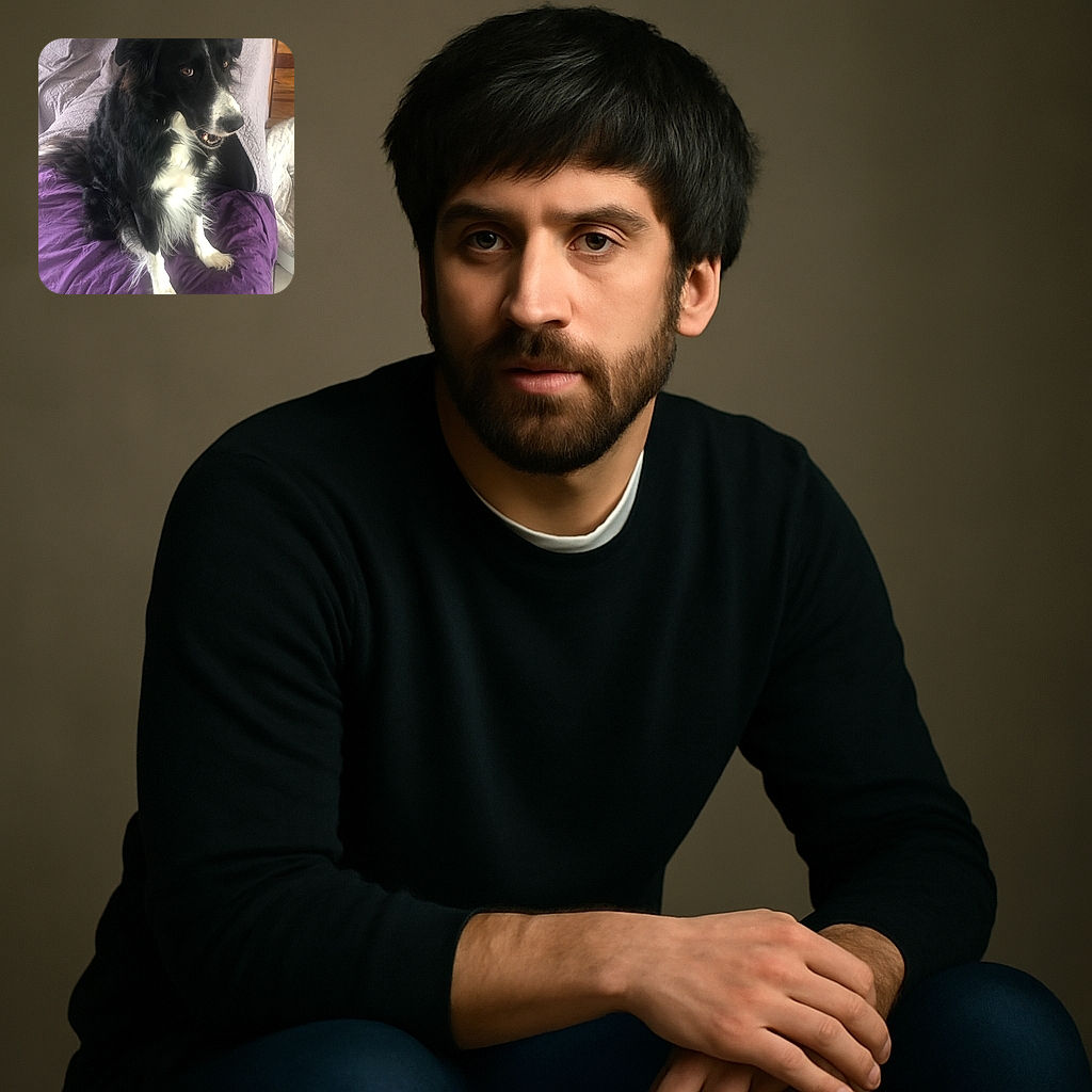 A fluffy black and white dog with expressive eyes sits attentively on a purple blanket draped over a couch covered in a light-colored fabric, with some household items barely visible in the background.