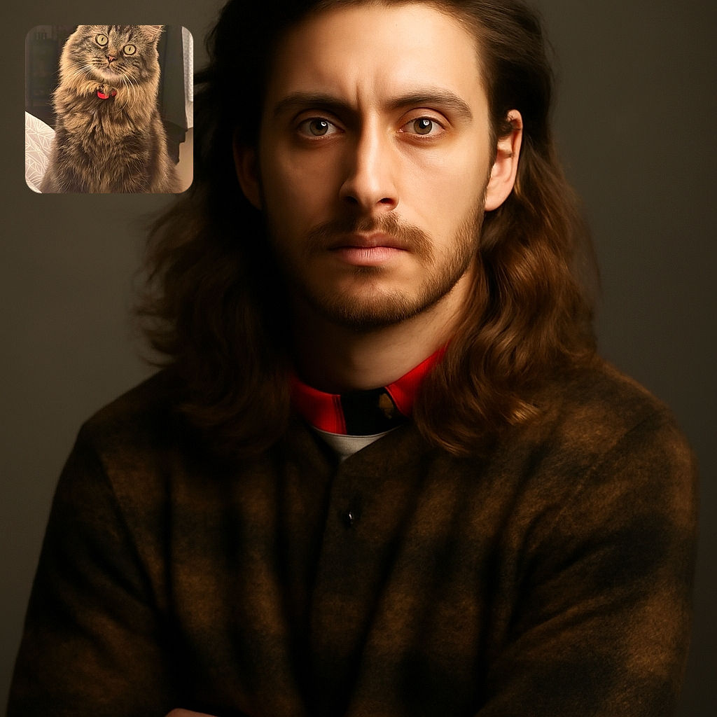 A fluffy, wide-eyed tabby cat with a red collar sits attentively, its fur glowing warmly under soft indoor lighting, creating a cozy and charming portrait with a slightly blurred background.