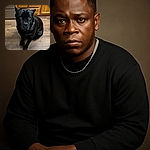 A shiny black dog with soulful eyes sits patiently on a wooden kitchen floor, looking up with a mix of curiosity and hope, framed by warm wooden cabinets and a stainless steel oven.
