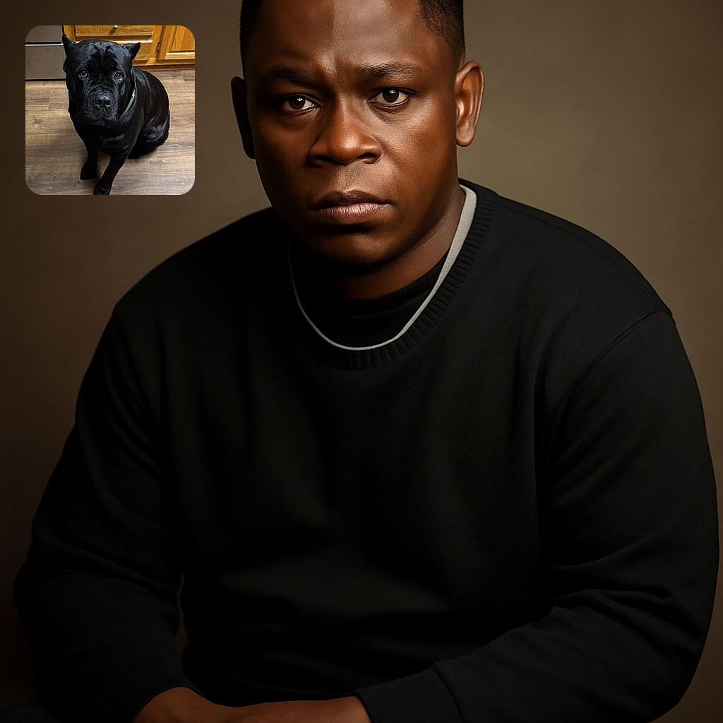 A shiny black dog with soulful eyes sits patiently on a wooden kitchen floor, looking up with a mix of curiosity and hope, framed by warm wooden cabinets and a stainless steel oven.