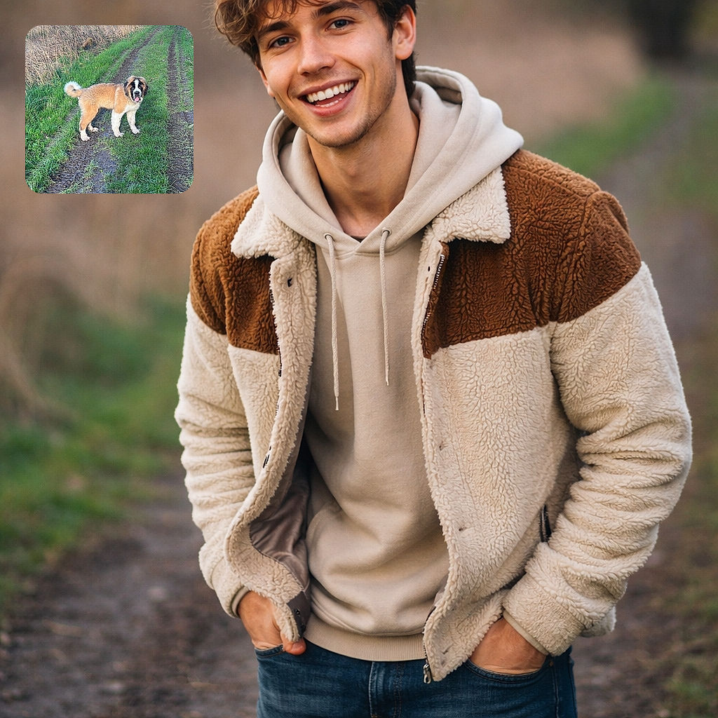 A fluffy Saint Bernard puppy proudly models muddy paws on a country track — tongue out, tail curled, and wearing a face that says "more walks please." The grassy ruts, damp earth and reed-filled background make it a charming, slightly messy outdoor portrait.