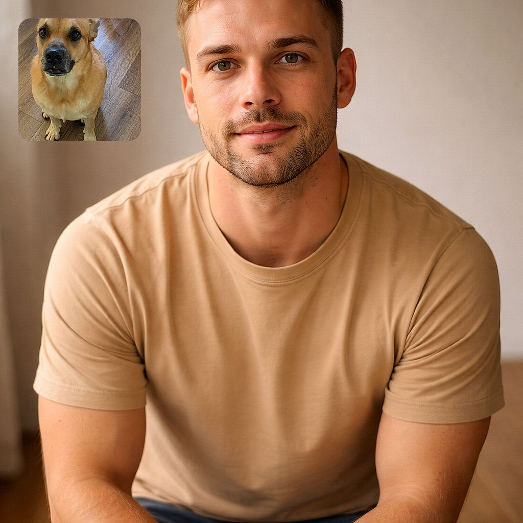 A patient, slightly guilty-looking dog sits on a wooden floor and stares up with huge soulful eyes, little underbite peeking through — part mugshot, part plea for treats.