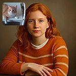 A slightly blurry photo of an orange and white cat lounging on a white wooden chair with a carpeted floor beneath. The cat looks relaxed but the image lacks sharpness and vibrant lighting.