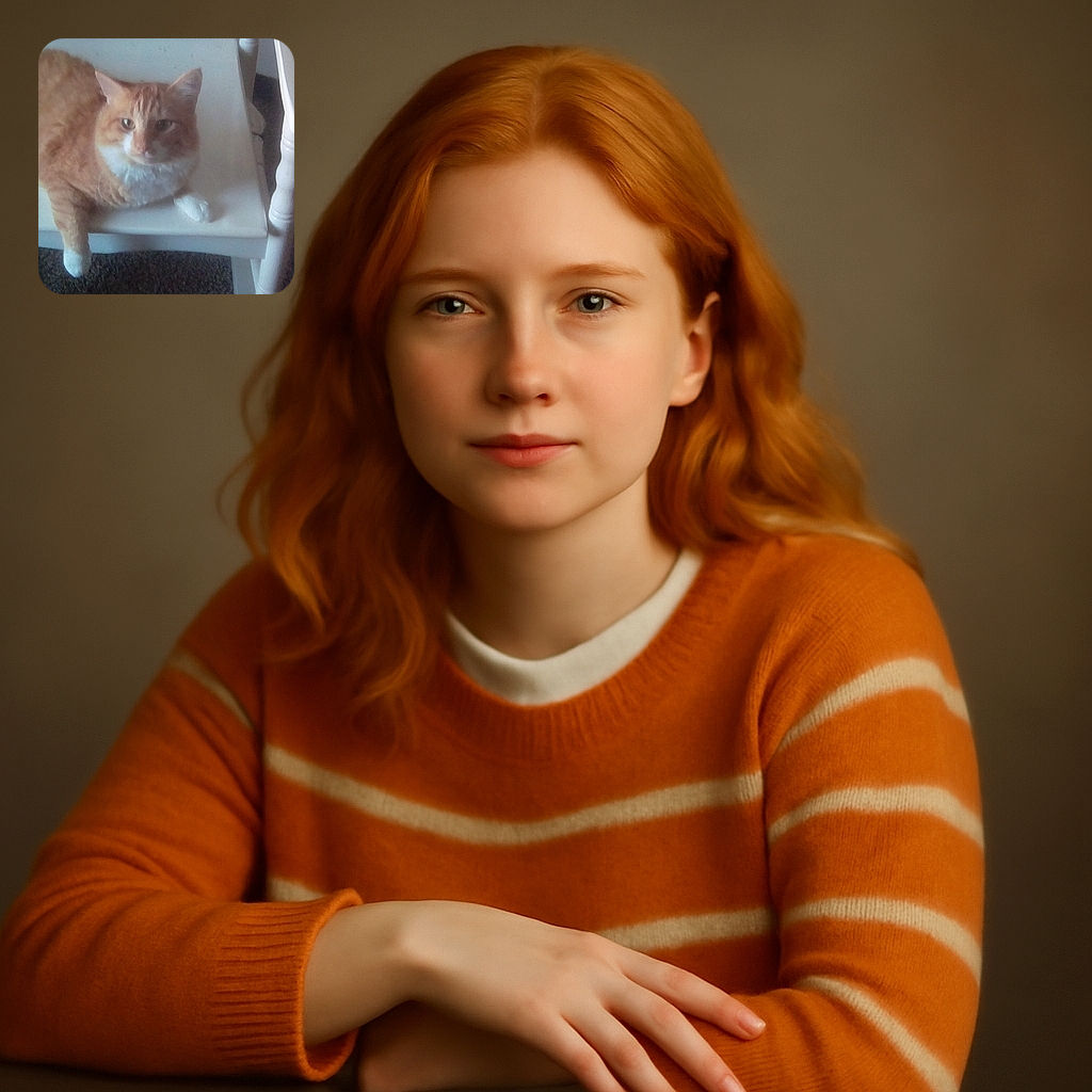 A slightly blurry photo of an orange and white cat lounging on a white wooden chair with a carpeted floor beneath. The cat looks relaxed but the image lacks sharpness and vibrant lighting.