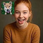 A happy puppy with a fluffy light brown coat looks up eagerly with its tongue out, standing on a lush green grass background. The photo captures the puppy's joyful expression and shiny eyes in sharp focus, creating an adorable and heartwarming portrait.