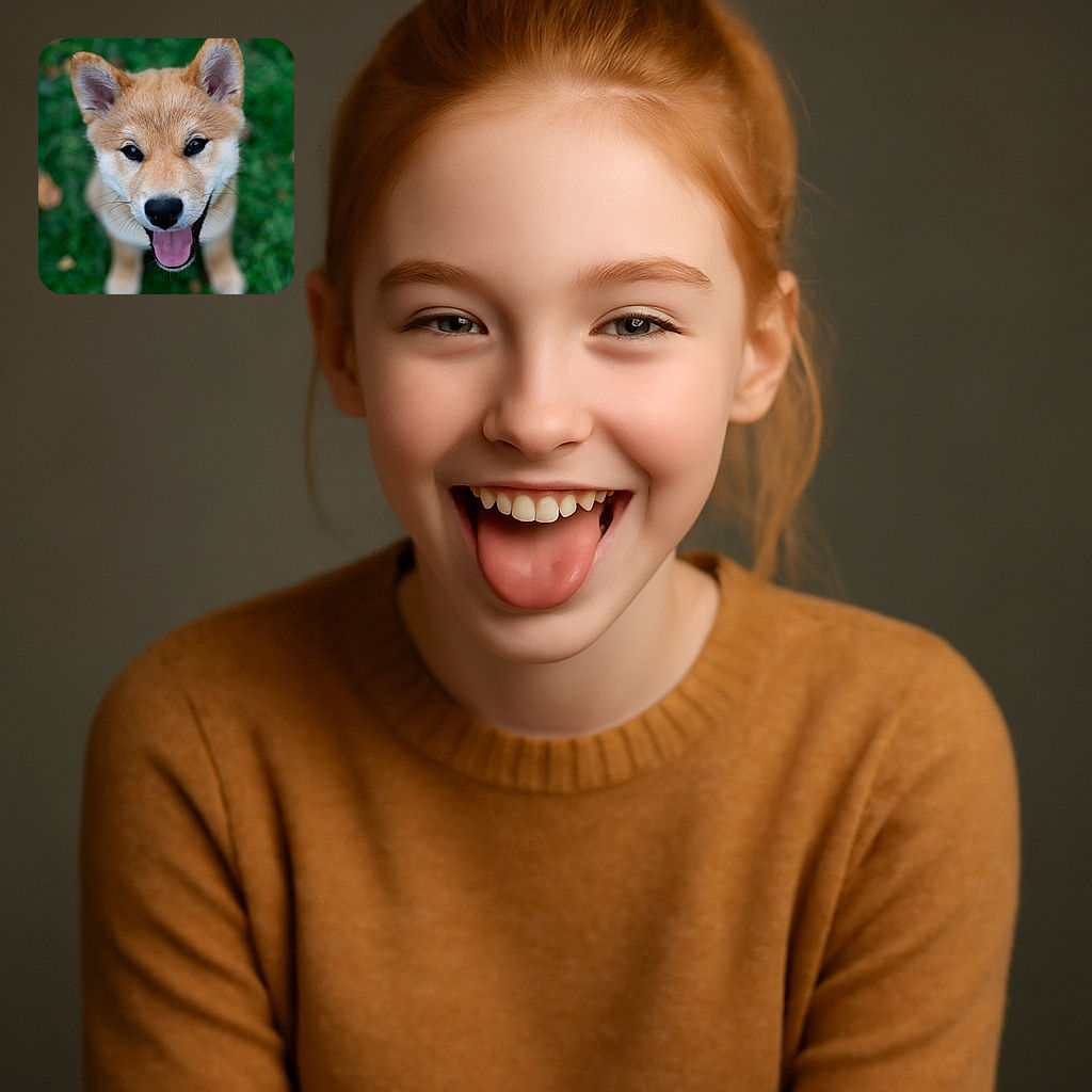 A happy puppy with a fluffy light brown coat looks up eagerly with its tongue out, standing on a lush green grass background. The photo captures the puppy's joyful expression and shiny eyes in sharp focus, creating an adorable and heartwarming portrait.
