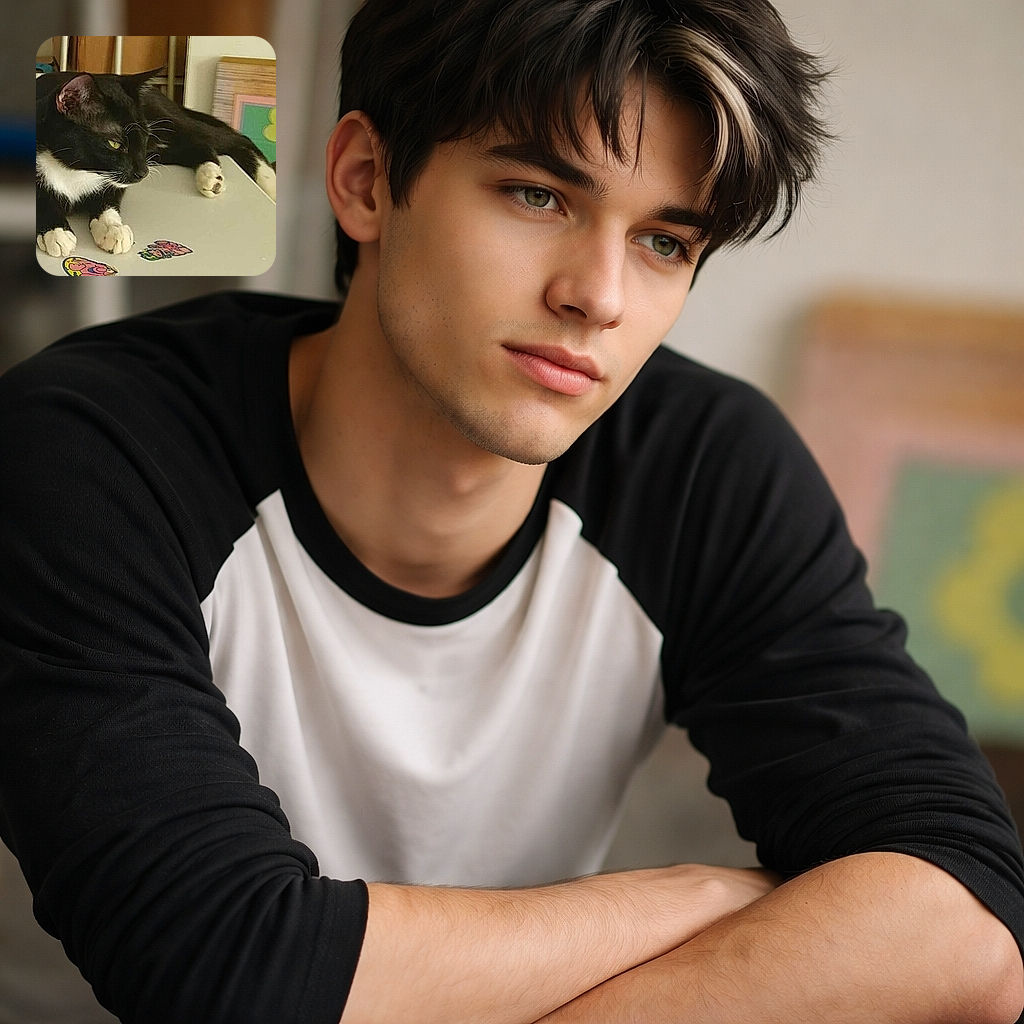 A tuxedo cat lounges like it owns the place, white paws hanging over the edge while staring thoughtfully at the stickers on the table — clearly plotting world domination or a nap, whichever comes first.