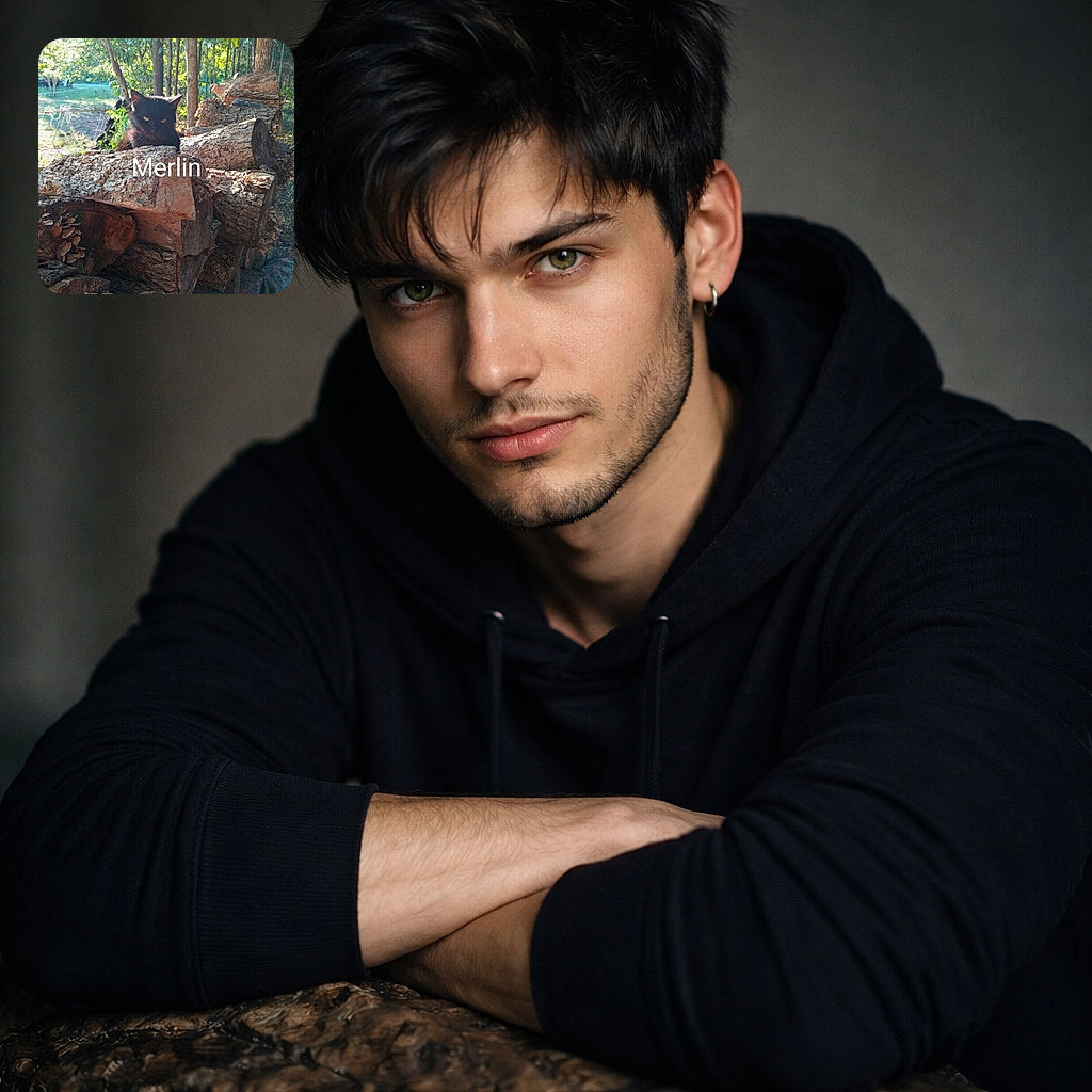 A regal black cat named Merlin perches like a tiny forest monarch on a pile of split logs, half-hidden in cool shadow with sunlight dappling the trees behind. The log pile, bracket fungi and bark texture fill the foreground while a wooded backyard and lawn chairs blur in the background. Large white name text 'Merlin' is overlaid across the middle, making the cat look like the star of its own movie poster.