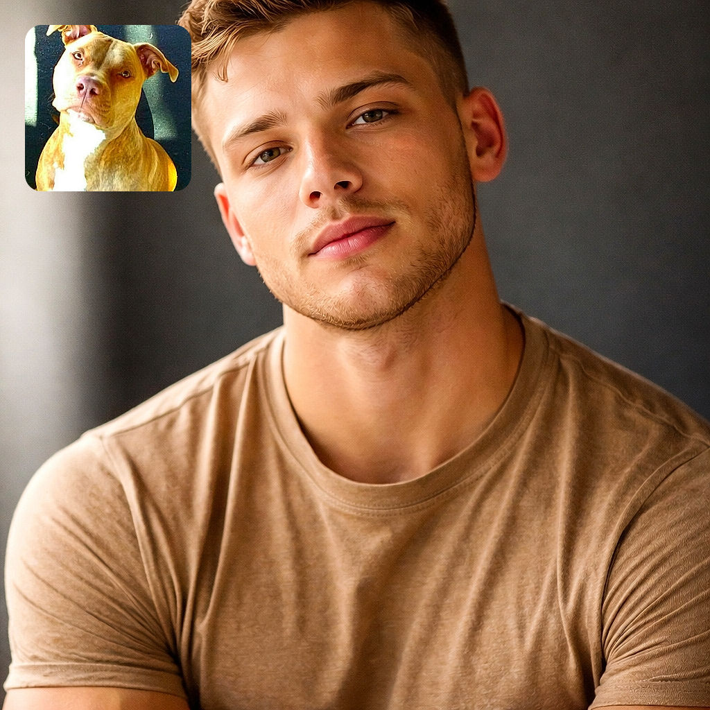 A close-up photo of a light brown dog with a white chest sitting against a dark background with patches of sunlight. The dog's expression is calm and attentive, though the photo is slightly overexposed in the chest area, reducing some detail.