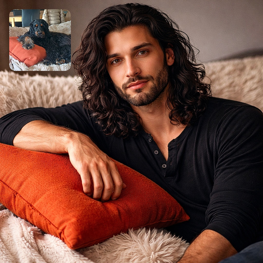 A fluffy black and brown dog lounges regally on a fluffy beige blanket, resting its paw on a bright orange cushion like a royal on a throne in a cozy indoor setting.