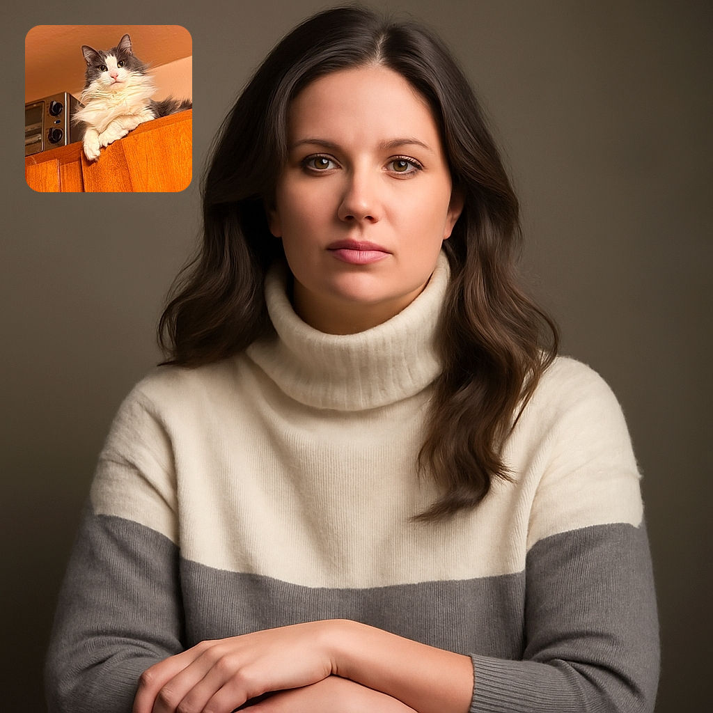 A majestic fluffy gray and white cat lounges atop a wooden cabinet, gazing down with regal curiosity. The warm lighting highlights the cat's soft fur and the cozy kitchen setting, complete with a toaster oven in the background.
