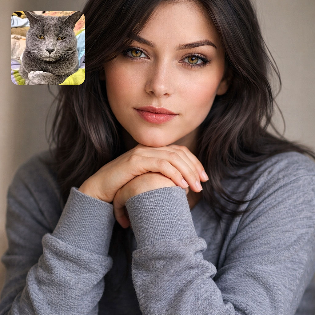 A majestic gray cat lounges with its paws crossed like a tiny furry CEO, eyes half-closed in a look of supreme judgment and comfort, surrounded by a cozy mix of colorful blankets and soft-focus background.