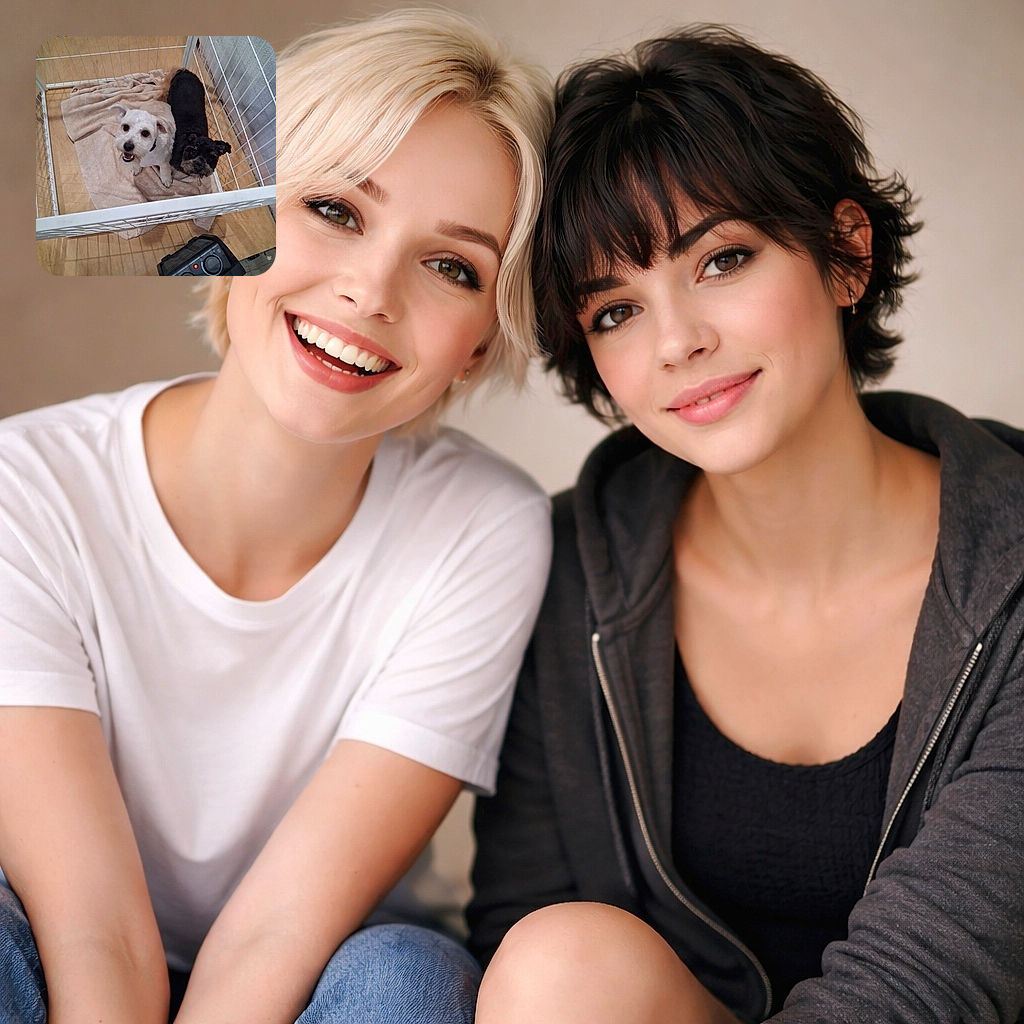 Two small dogs pressed together in a white wire playpen on a towel, looking up with eager, expectant faces — one fluffy white pup grinning and a darker scruffy buddy next to it. Overhead cozy indoor shot with a space heater visible outside the pen; feels homely and a little cheeky, like they’re plotting negotiation tactics for extra treats.