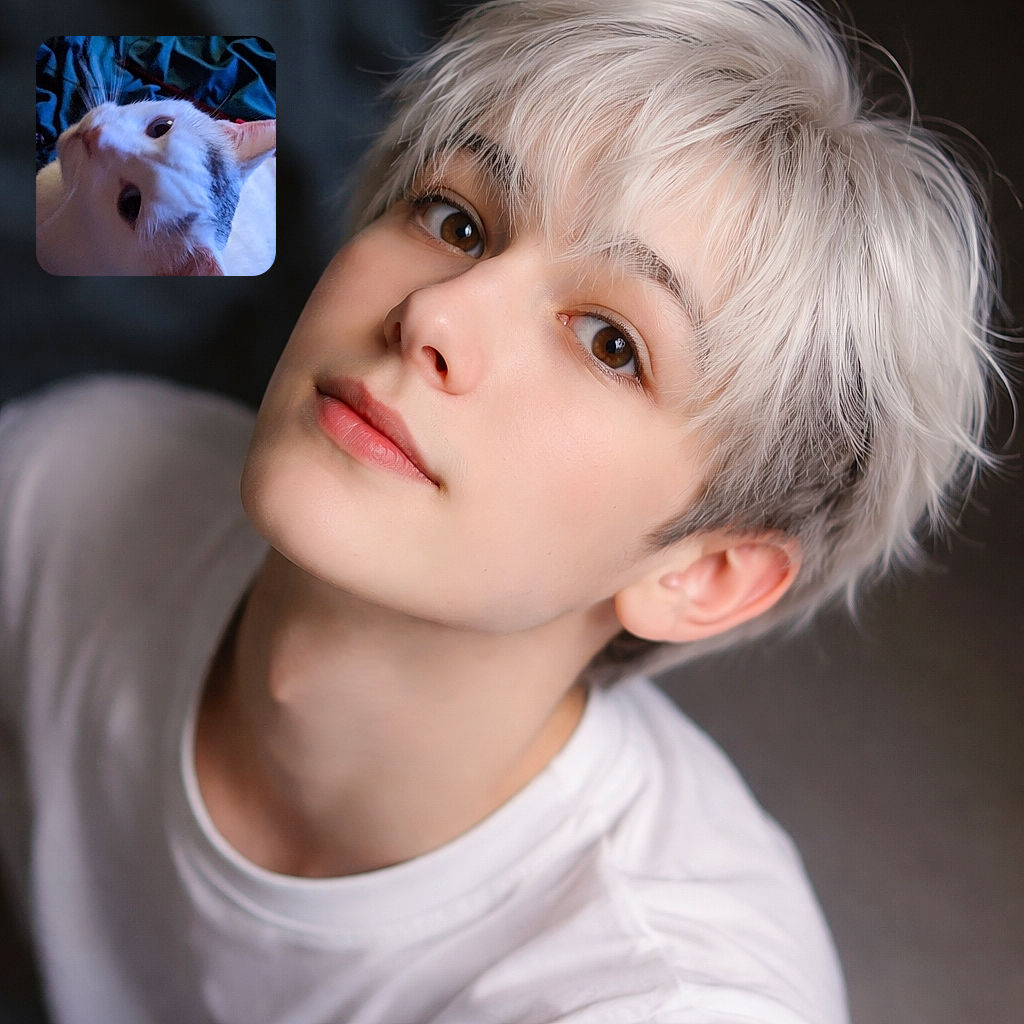An upside-down close-up of a white cat peering with enormous pupils under moody blue light — whiskers on full display and a slightly soft-focus, mischievous 'what are you doing?' expression.