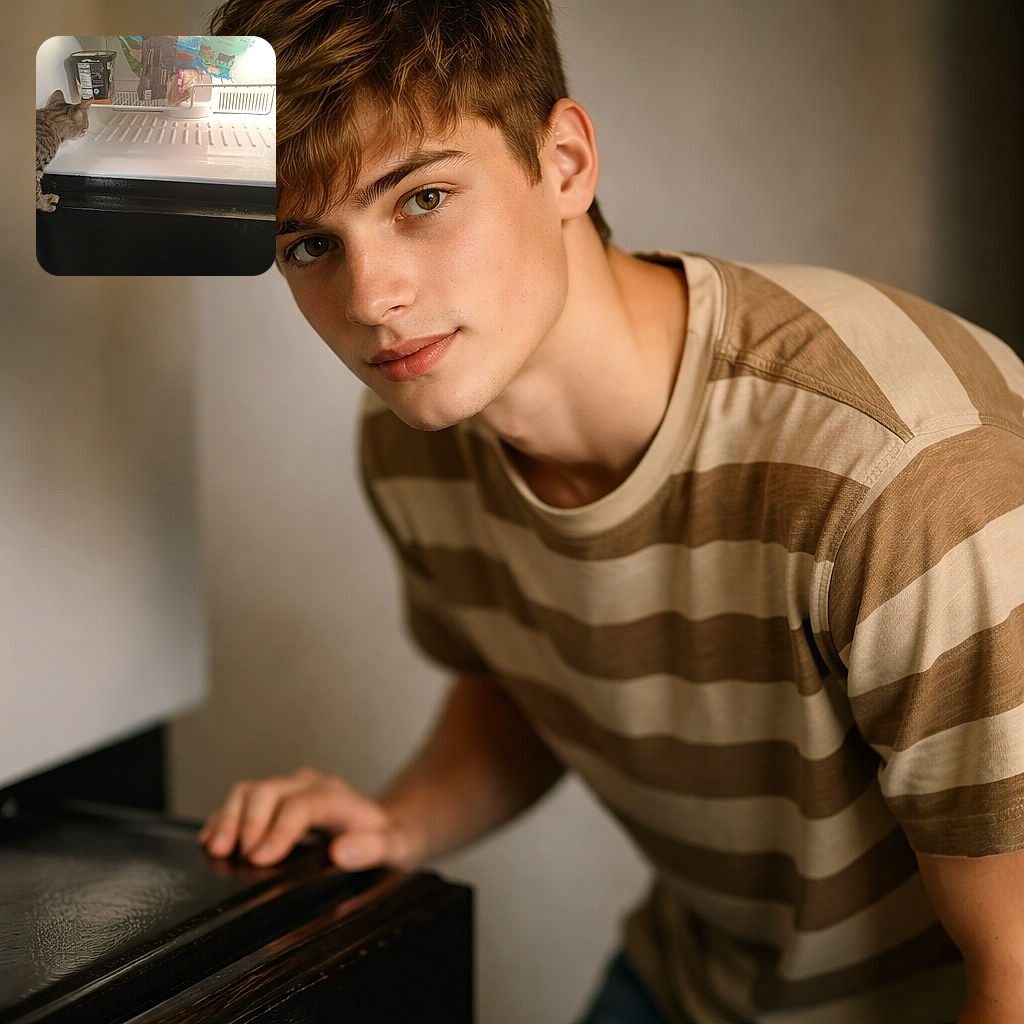 A curious tabby cat peers into a fridge, seemingly plotting its next snack heist amidst ice cream, coffee, and frozen goodies. The fridge light casts a soft glow on the feline's focused face, capturing a classic moment of pet mischief.