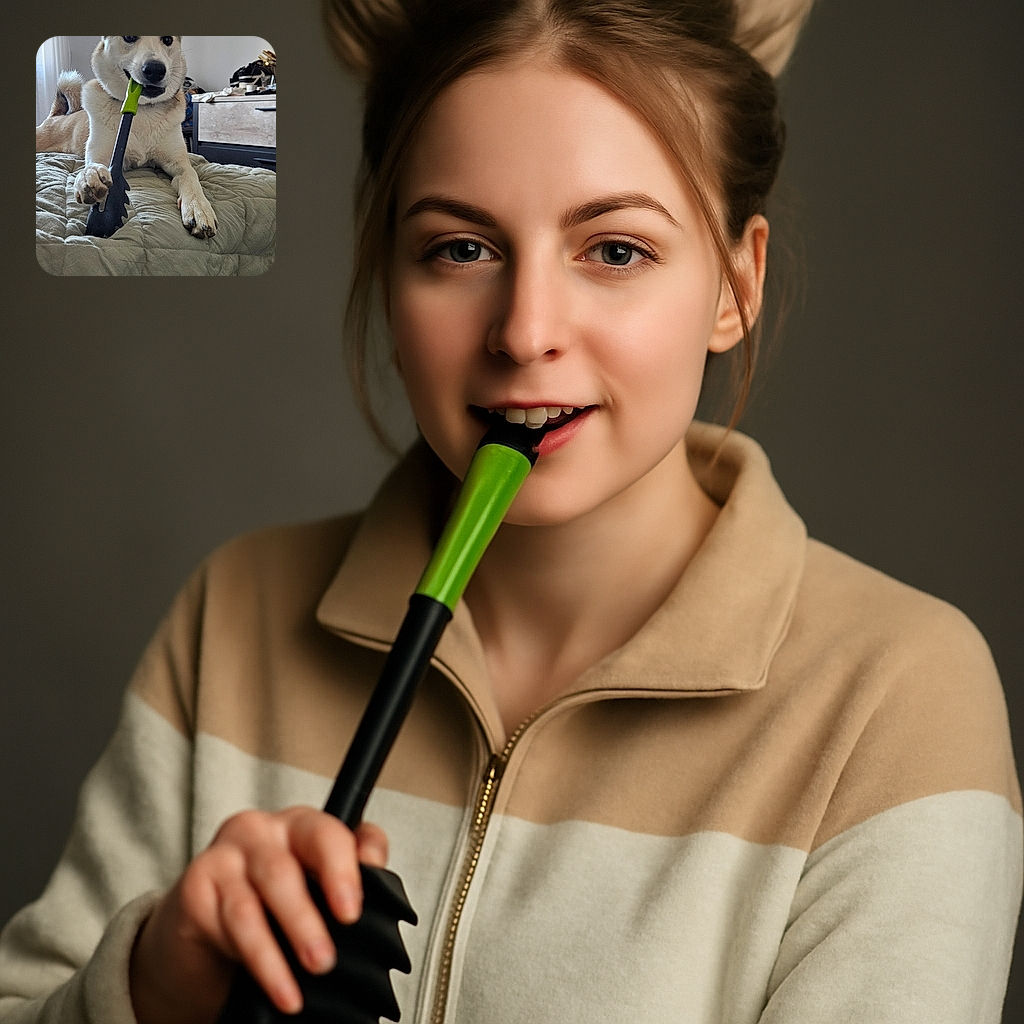 A playful dog lounges on a bed, gripping a green-handled kitchen utensil in its mouth and paw, looking both mischievous and proud of its new chew toy. The cozy room background adds a homey touch to this candid moment.