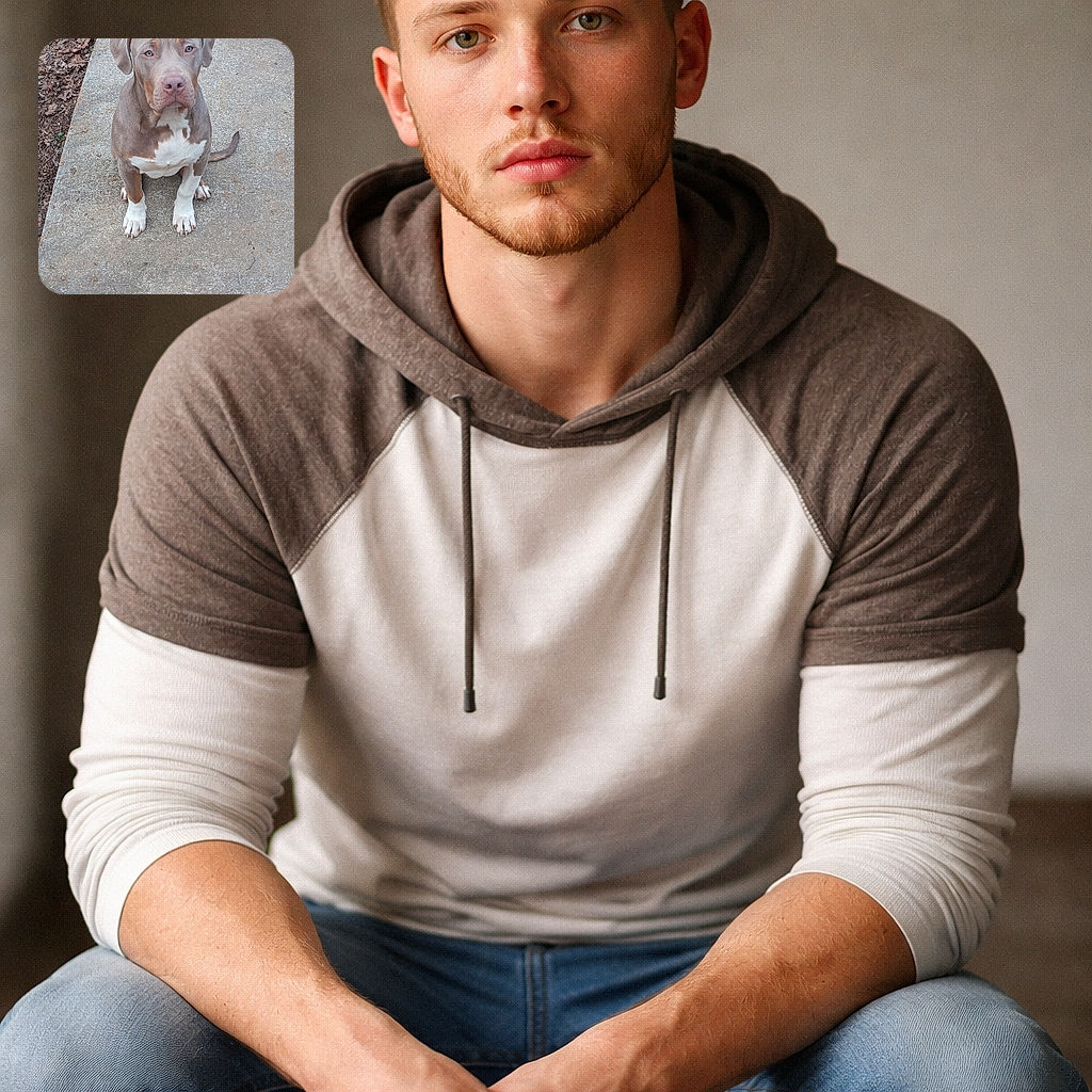 A solemn blue-eyed pit bull sits squarely on the concrete like it's waiting for a very important meeting — chest tuxedo, perfectly placed paws, and a face that says 'treats or negotiations.' Leaf litter lines the side as its loyal sidewalk throne.