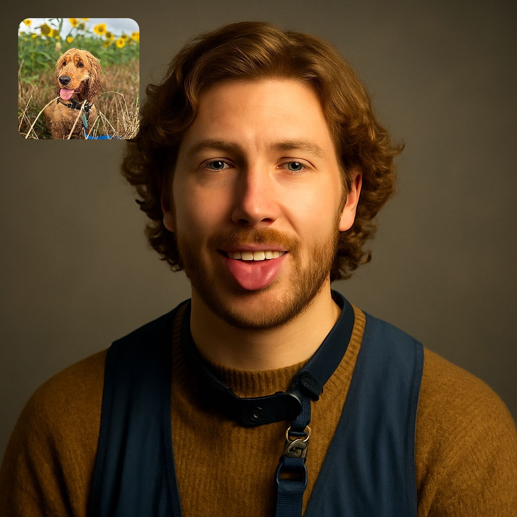 A happy, slightly muddy golden retriever puppy sits in tall dry grass with a backdrop of bright yellow sunflowers, tongue out and looking content, capturing a perfect sunny day adventure vibe.
