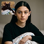 A sleek black cat with glowing green eyes lounges on a colorful blanket atop a container, staring intently at the camera. Behind the cat, a pet crate and some household items create a cozy indoor setting.