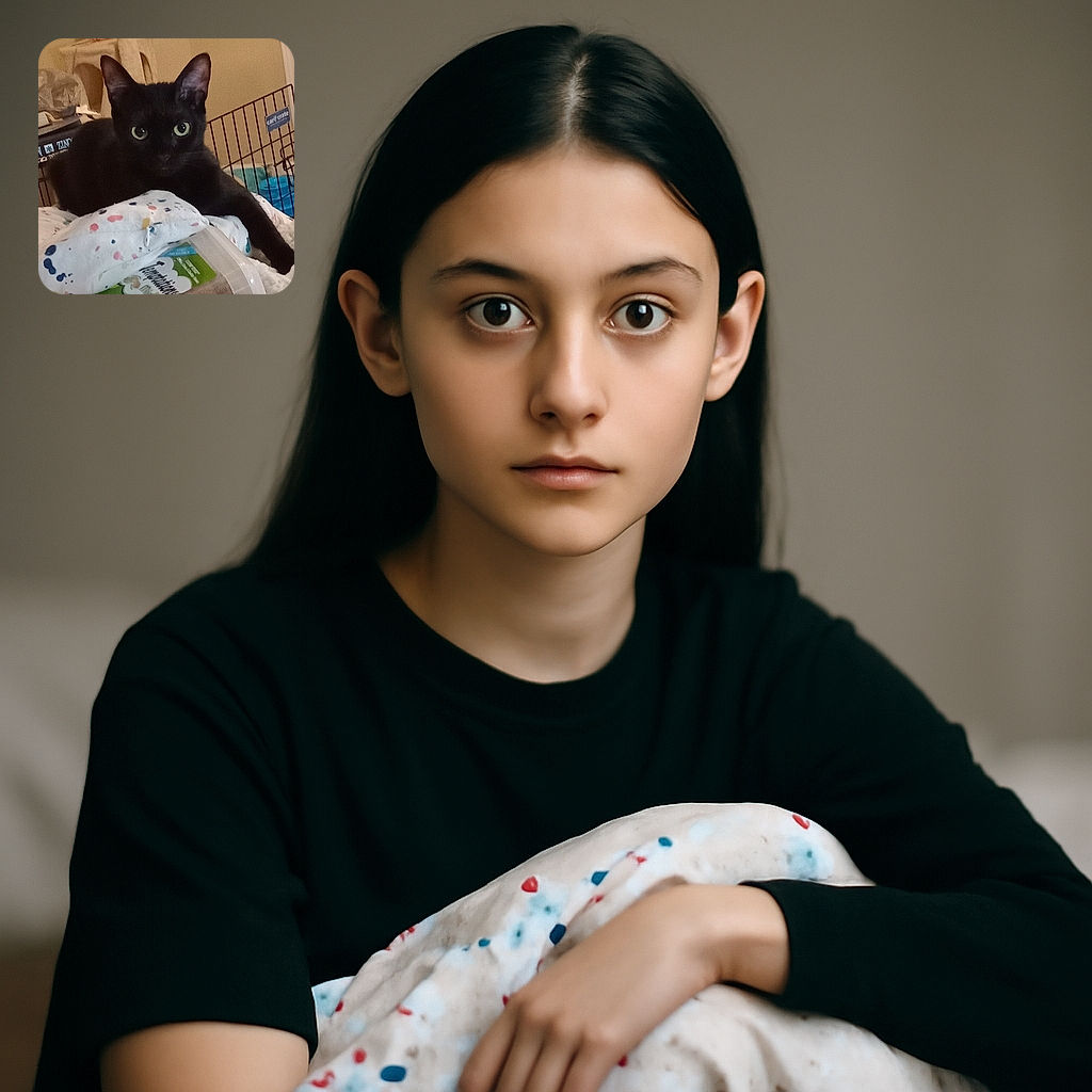 A sleek black cat with glowing green eyes lounges on a colorful blanket atop a container, staring intently at the camera. Behind the cat, a pet crate and some household items create a cozy indoor setting.