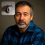 A charming small dog wearing a blue and black checkered jacket looks up with big, soulful eyes, its tail wagging in a blur of excitement on a plain tiled floor.