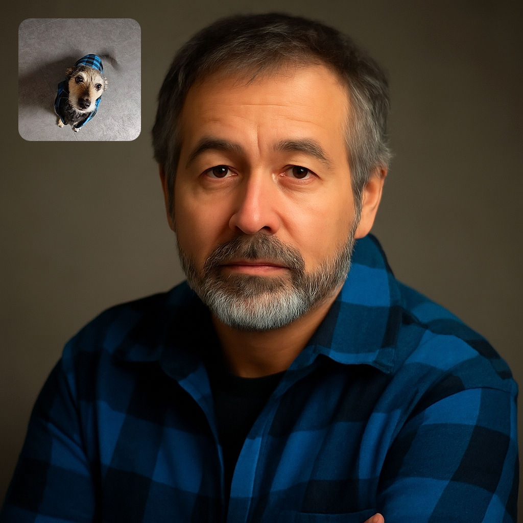 A charming small dog wearing a blue and black checkered jacket looks up with big, soulful eyes, its tail wagging in a blur of excitement on a plain tiled floor.
