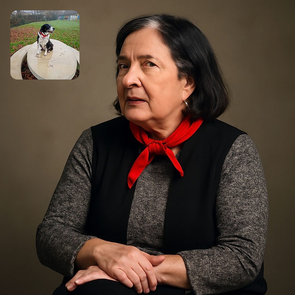 A charming black and white dog with a red collar sits patiently on a wet concrete picnic table in a leafy park, surrounded by autumn leaves and a misty background, looking off to the side as if pondering the meaning of squirrels.