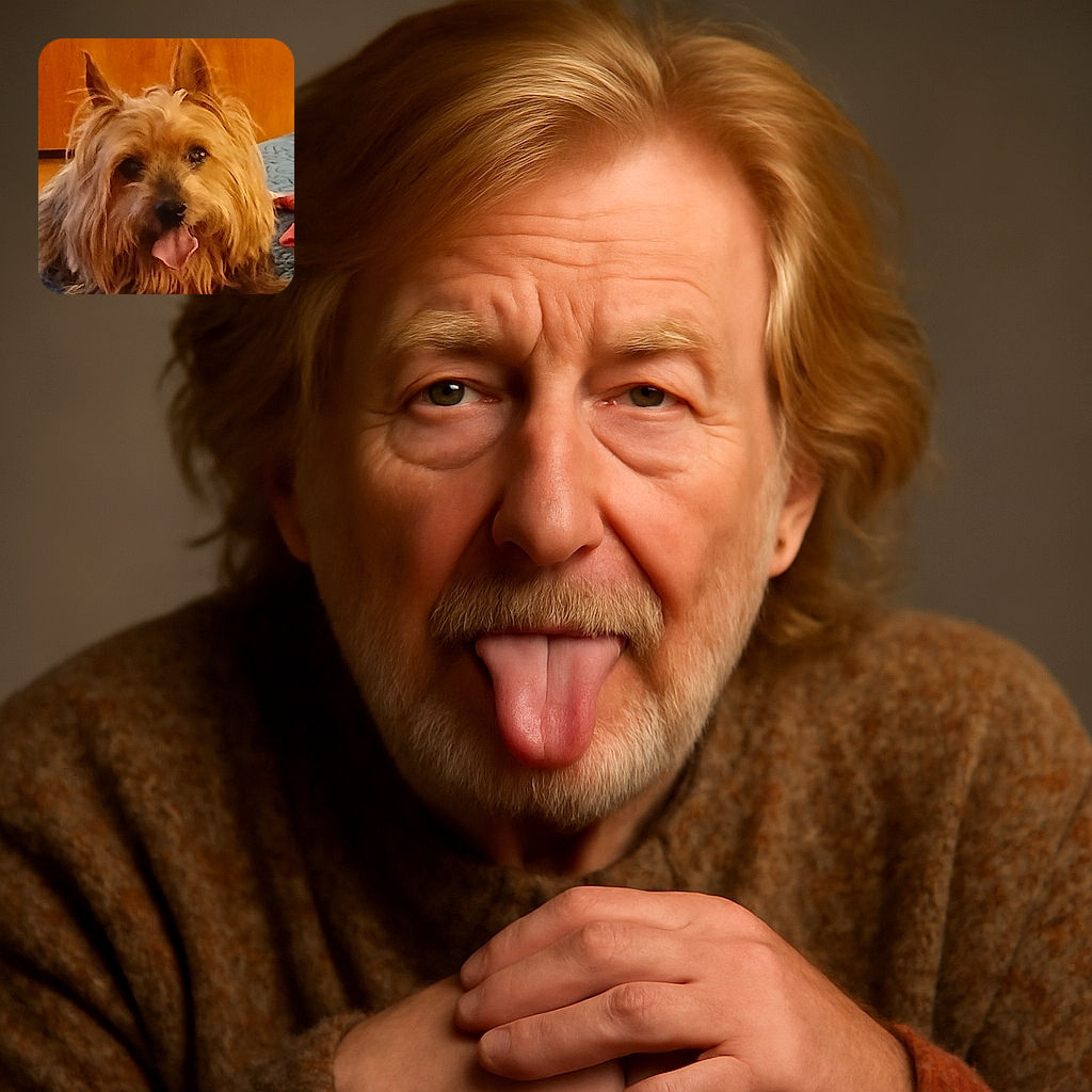 A fluffy, happy dog with a shaggy coat and tongue playfully sticking out, resting on a cozy blue blanket with a warm wooden background.