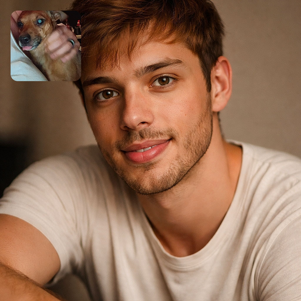 A startled little brown dog being smooched into a cozy hug — tongue peeking out, eyes shining with flash reflections, and a dramatic human hand (complete with ring) guardianing the cuddle. Background shows a cluttered counter with bottles, giving the scene a homey late-night vibe. Slight blur and noise add to the frantic-but-adorable energy.
