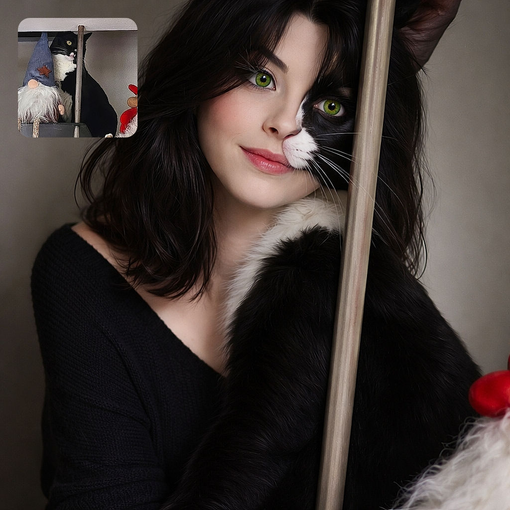 A curious black and white cat peeks out from behind a vertical pole, partially hidden among festive gnome decorations, creating a whimsical and slightly mysterious scene.