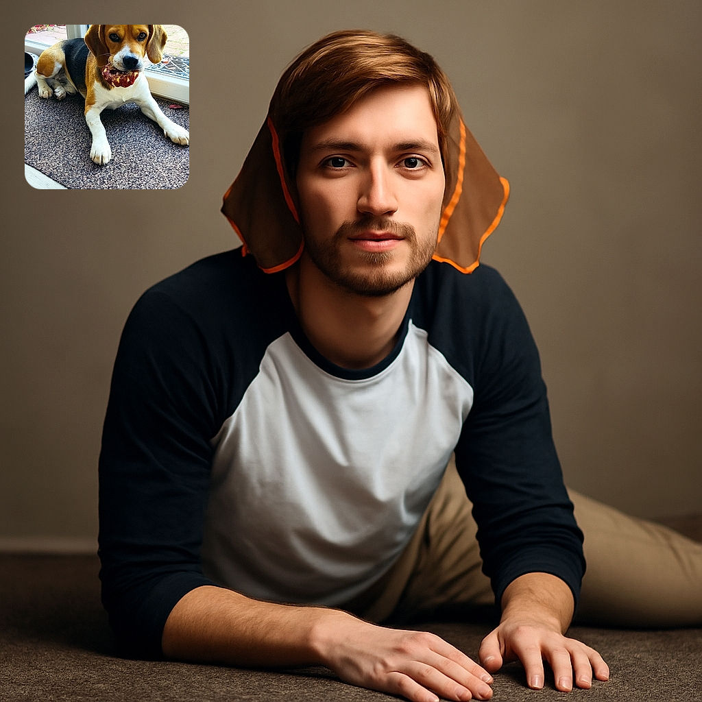 A charming beagle lounges on a brown textured mat by a glass door, clutching a partially chewed toy in its mouth with an earnest gaze, while the outdoor patio and garden tools peek through the window behind.