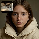 A close-up of a curious cat peeking out from a cozy white blanket or jacket, with big, shiny eyes and soft fur, creating a warm and snug vibe.