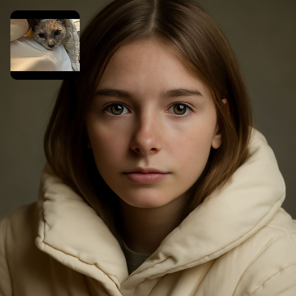 A close-up of a curious cat peeking out from a cozy white blanket or jacket, with big, shiny eyes and soft fur, creating a warm and snug vibe.