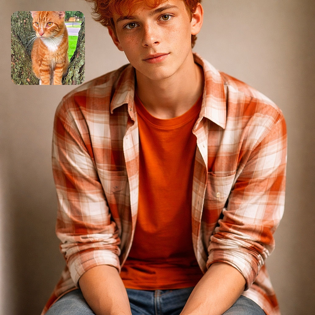 A charming orange tabby cat with striking amber eyes sits perched comfortably in the crook of a tree, blending natural textures of bark and moss with its soft fur. The background shows a peaceful park scene with green grass and distant trees, adding a serene outdoor vibe.