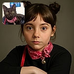 A close-up photo of a black cat wearing a pink collar with a bell, sitting on a blue surface. The cat's eyes are wide open, but the image is slightly blurry, making the details less sharp. The background shows some wall decorations and framed pictures.