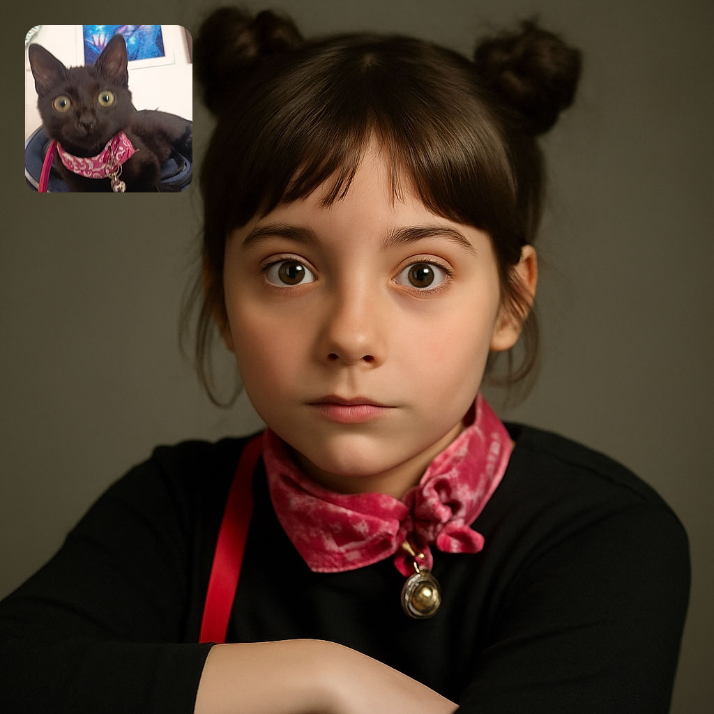 A close-up photo of a black cat wearing a pink collar with a bell, sitting on a blue surface. The cat's eyes are wide open, but the image is slightly blurry, making the details less sharp. The background shows some wall decorations and framed pictures.