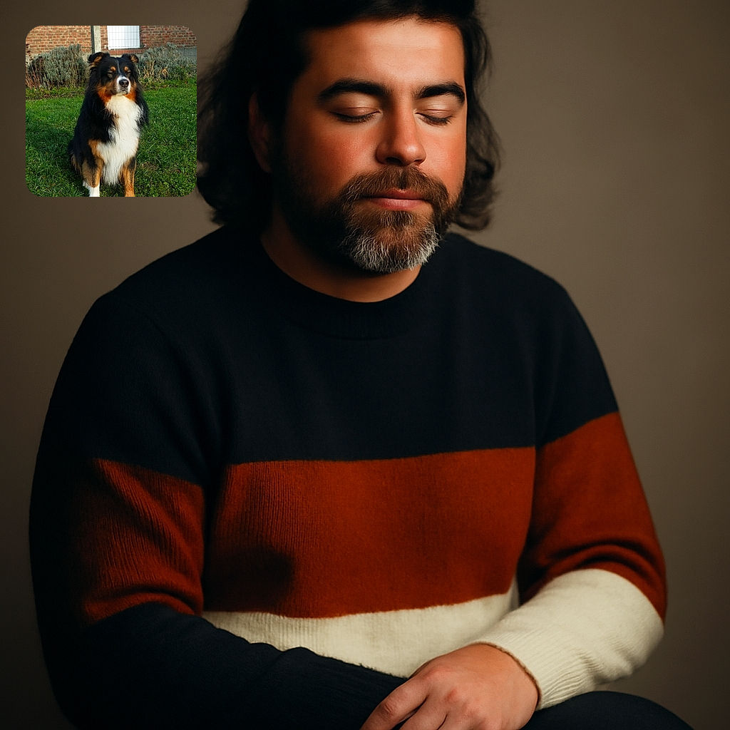 A majestic fluffy dog with a tricolor coat sits serenely on the green grass, eyes closed as if meditating in the warm sunlight, with a rustic brick wall and garden plants in the background.